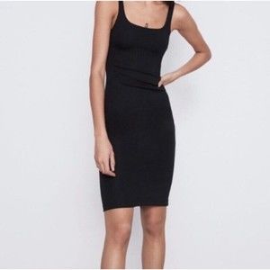 Zara Trafaluc Black Bodycon Slip On Dress Medium Womens Stretch Knit Cocktail